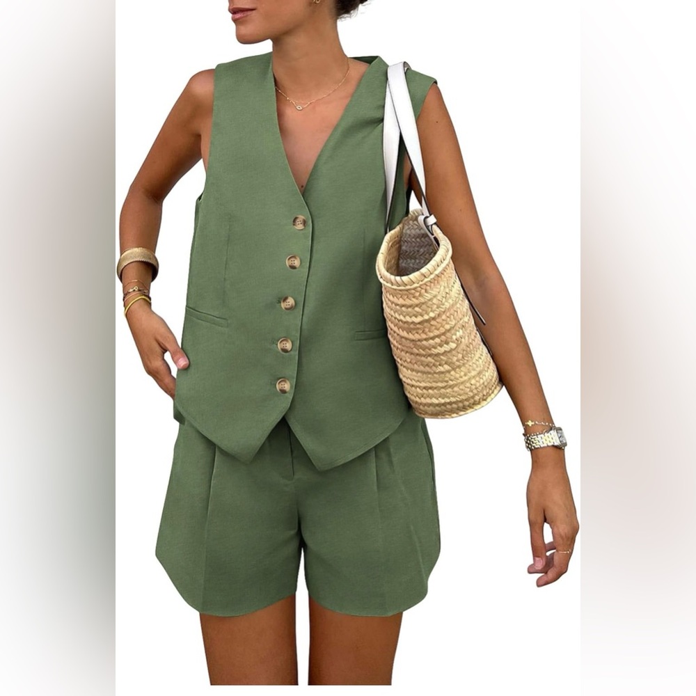Sleeveless Olive Green Button Vest & High-Waist Shorts Set